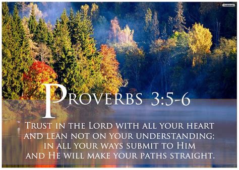 Proverbs 3 5 - Proverbs 3:5-11New International Version. 5 Trust in the Lord with all your heart. and lean not on your own understanding; 6 in all your ways submit to him, and he will make your paths straight.[ a] 7 Do not be wise in your own eyes; fear the Lord and shun evil. 8 This will bring health to your body. and nourishment to your bones.